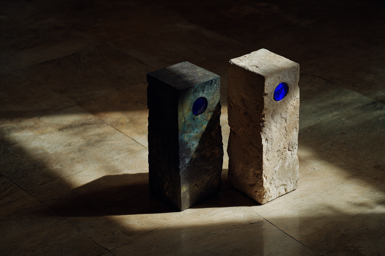 Two stone columns of slightly unequal height rising from near-black floor, a single cobalt-blue spirit level bridging their crowns with one bubble of light barely off-centre
