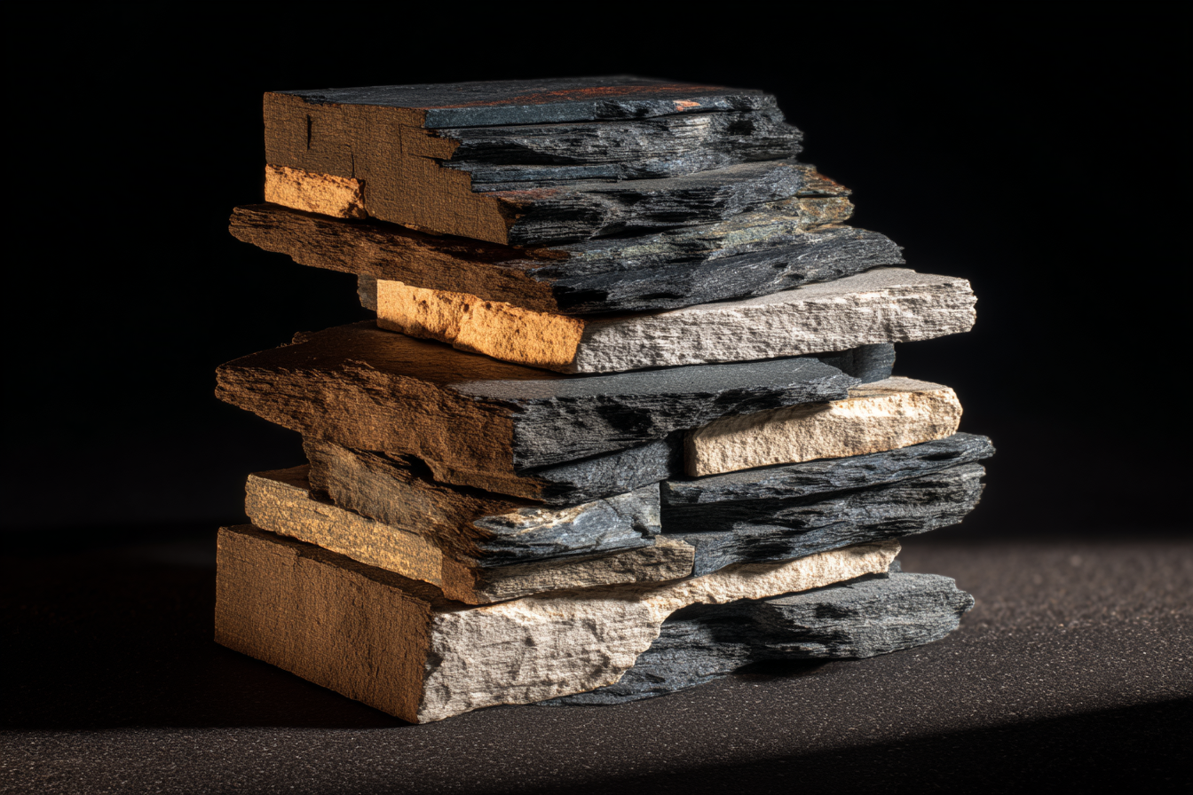 Seven horizontal strata of polished dark slate stacked in ascending progression, each tier fractionally lighter than the one below