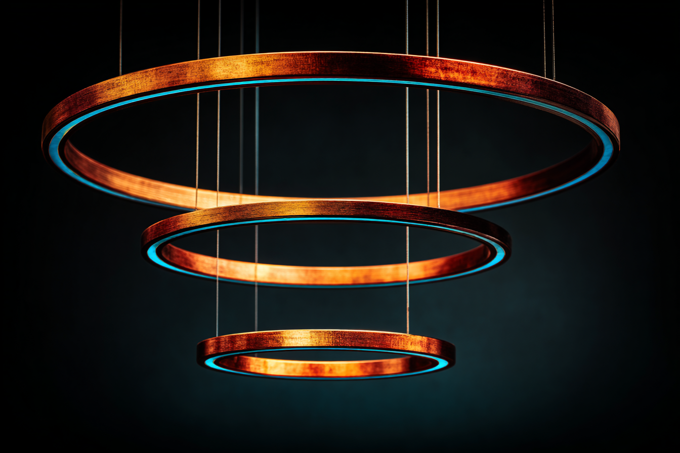 Three concentric copper wire rings suspended in near-black space on different tilted axes, a single cobalt-blue filament of light threading through the innermost ring's centre and casting ivory-bone reflections on the outer two
