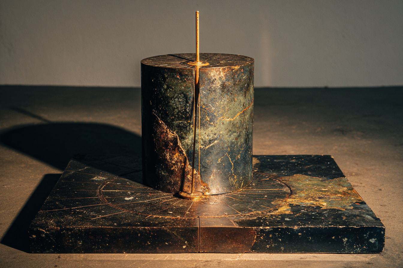 Tall cylindrical dark bronze sundial on a bare obsidian slab, its gnomon casting a razor-thin cobalt-blue shadow-line across the face