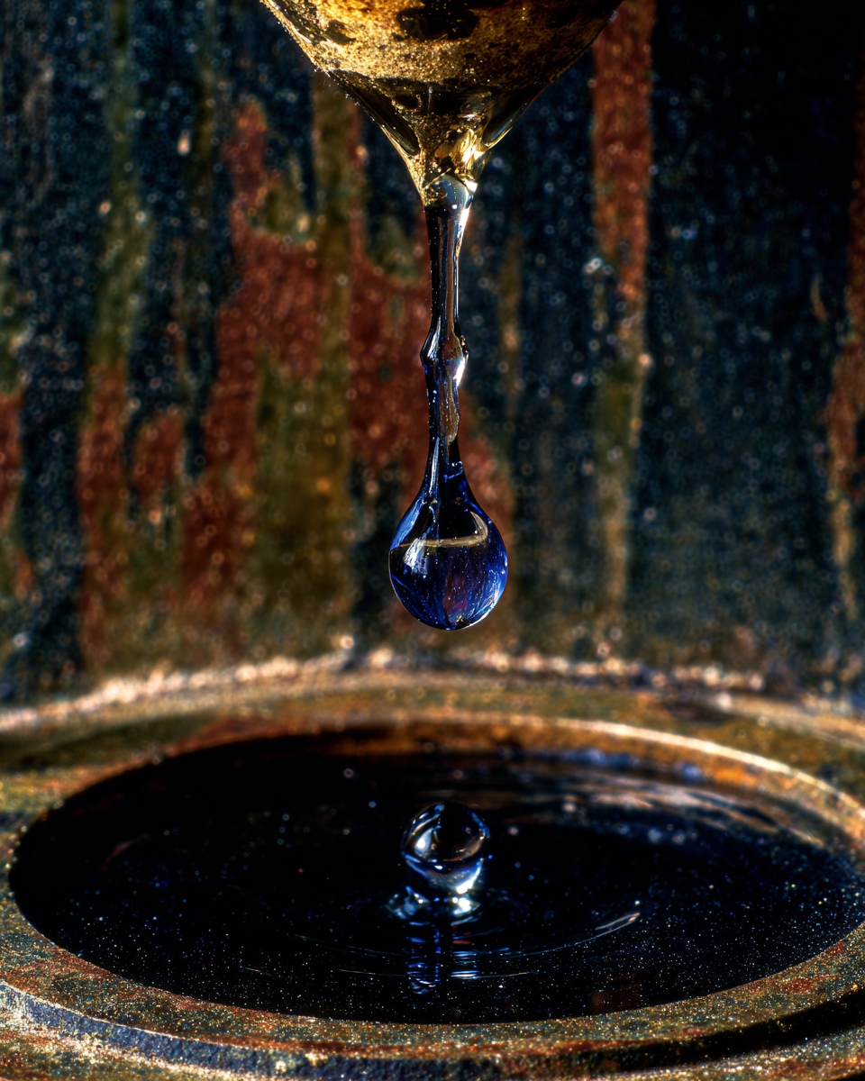 Single dark bronze clepsydra water clock on near-black surface, one luminous cobalt-blue droplet suspended mid-fall above a perfectly still black pool below