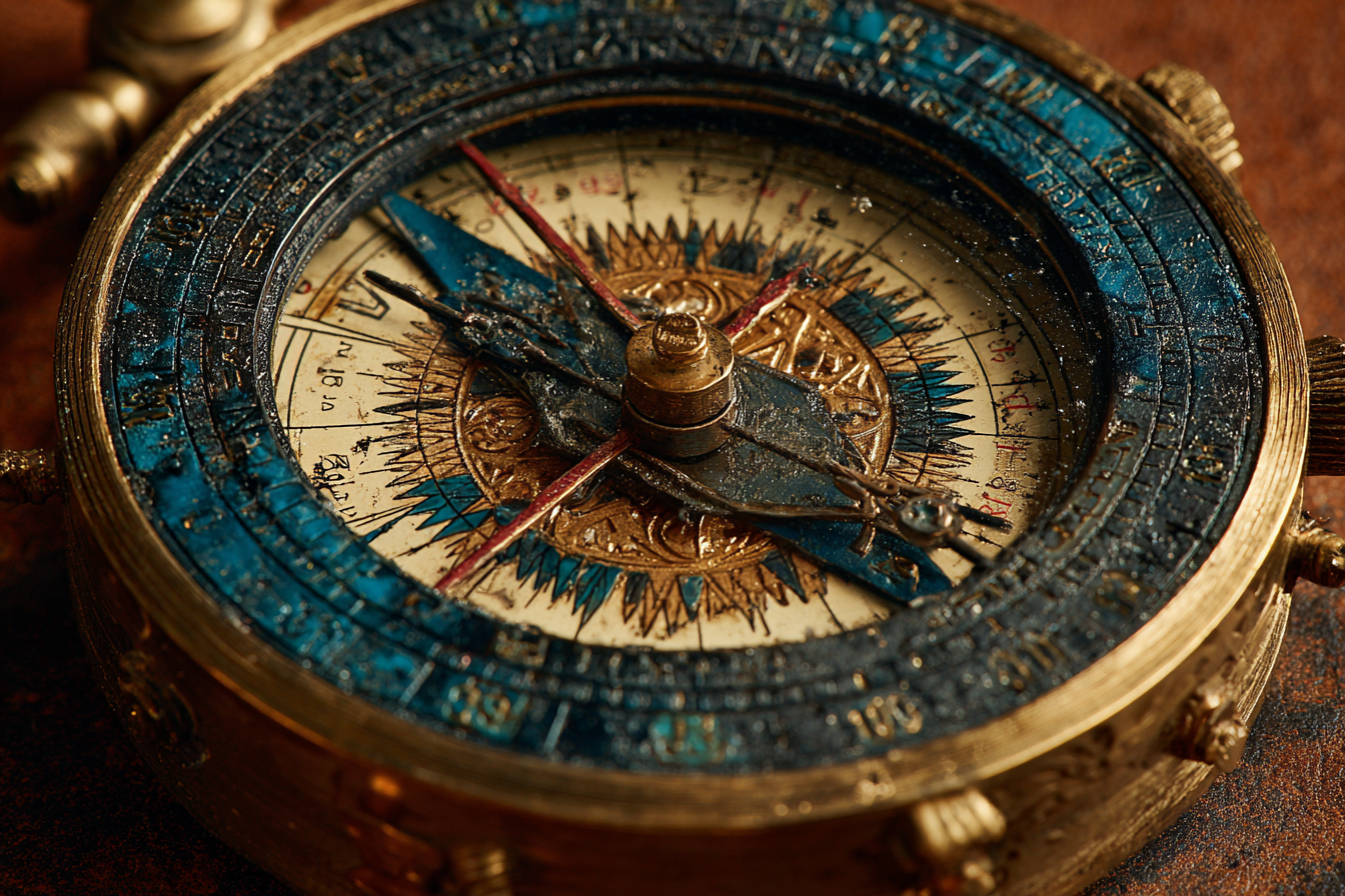 Close-up of a dark polished brass hygrometer dial on an aged leather surface, its needle catching a cobalt-blue volumetric side-beam