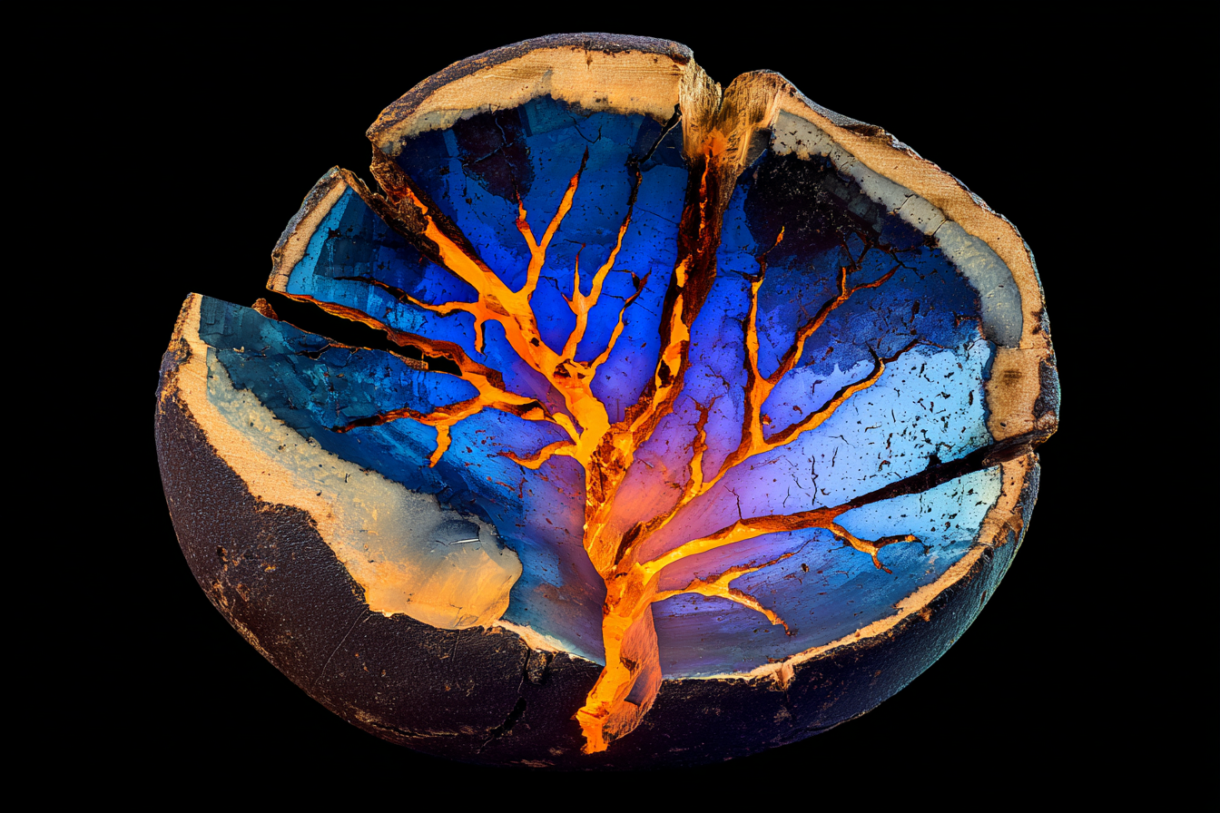 Abstract dark mineral formation like a split geode, interior cavity glowing with cobalt-blue bioluminescent veins branching inward