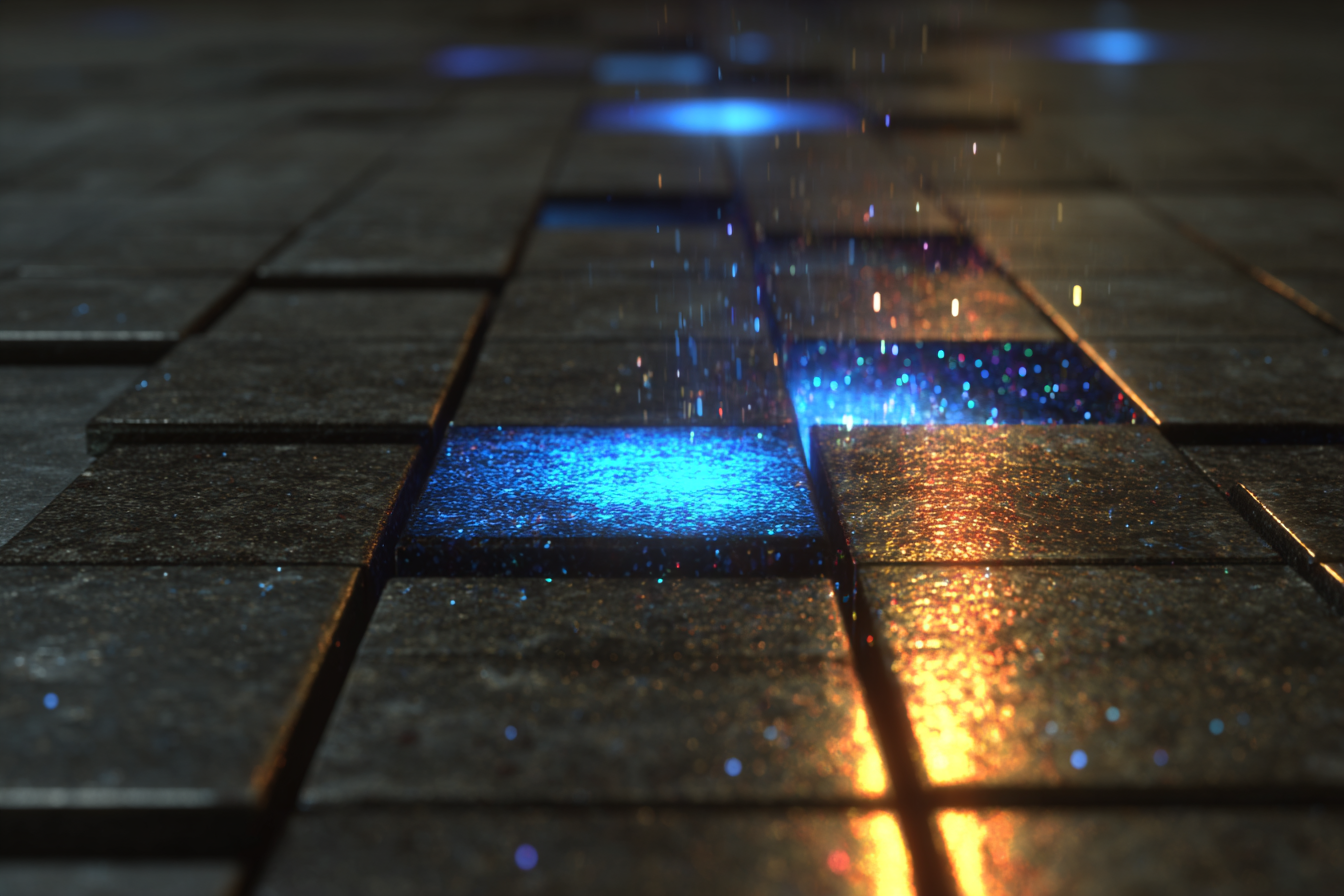 Sparse grid of small dark matte tiles on near-black surface, one corner tile lit in full cobalt-blue