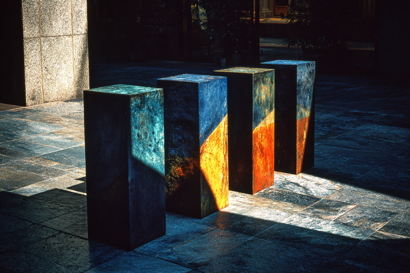 Four dark iron pillars arranged in a precise square formation on near-black stone floor, cobalt-blue volumetric beam striking diagonally from upper left onto the nearest pillar face