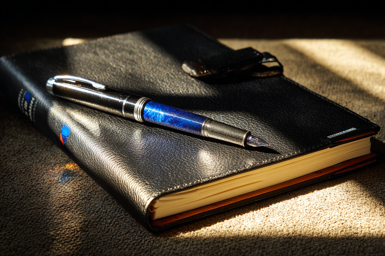 A single unopened ink pen resting diagonally on an empty near-black leather journal, cobalt-blue volumetric light from the left casting a sharp shadow across the journal cover