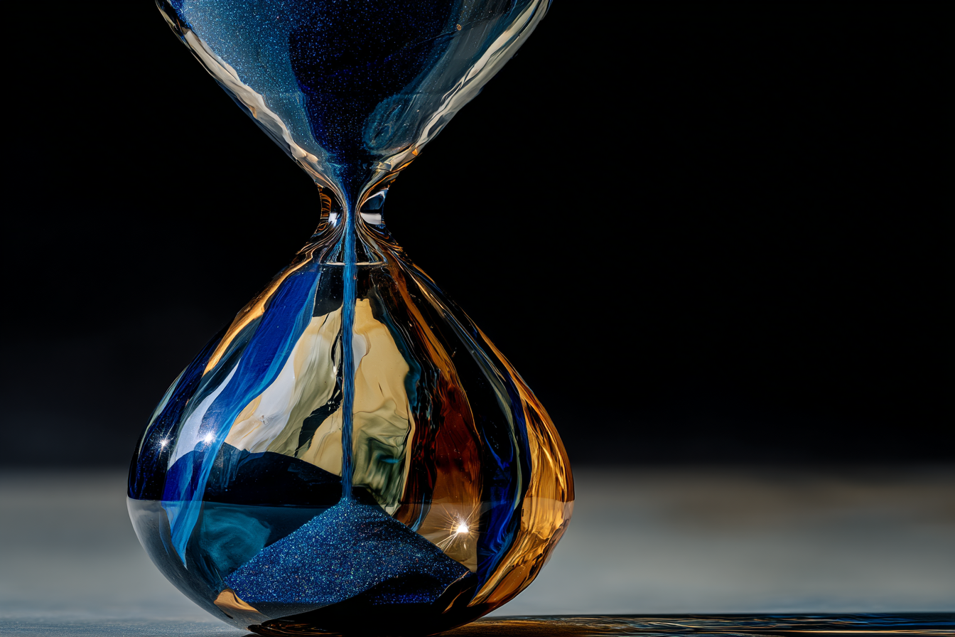 Translucent dark glass hourglass suspended in near-black void, interior filled with luminous cobalt-blue particle trails cascading in a slow sequential pulse from base to crown