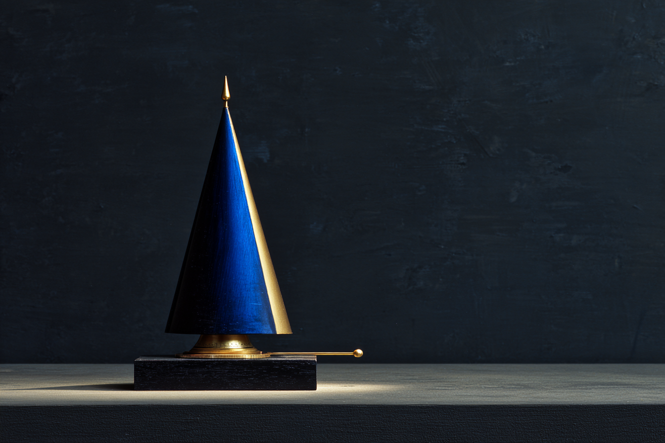 A single dark mechanical metronome on near-black surface, pendulum arm frozen mid-swing