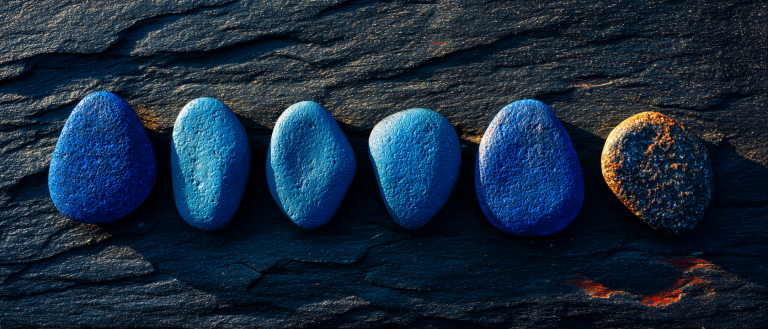 A sequence of five smooth river stones laid in a precise arc on near-black wet slate, each stone fractionally larger than the last