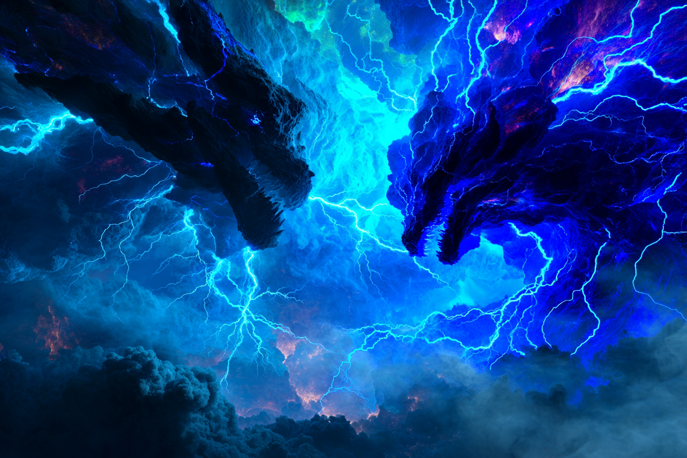 Two opposing storm systems inside near-black infinite chamber, left system diffuse cool-grey static slowly dissipating