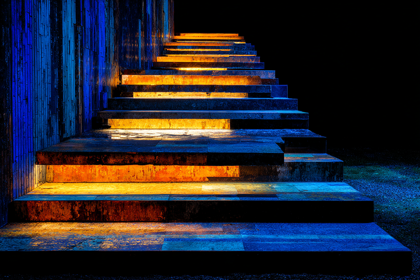 Translucent cobalt-blue glass helix ramp ascending from near-black floor, each tier fractionally wider and more luminous than the one below