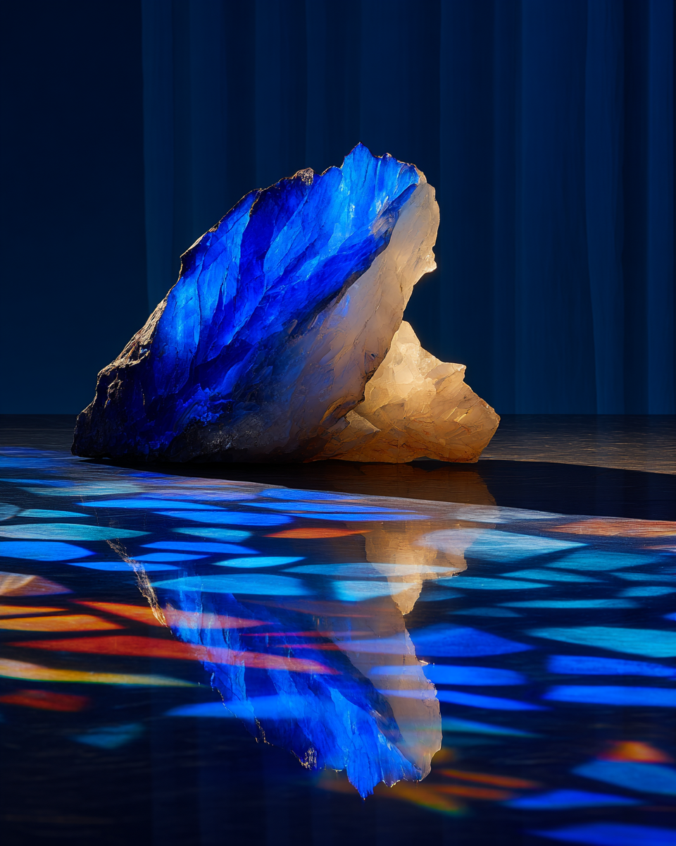 A single cracked obsidian mirror shard leaning against near-black void, cobalt-blue volumetric light entering the crack and fracturing into dim shards of refracted light on the dark floor below