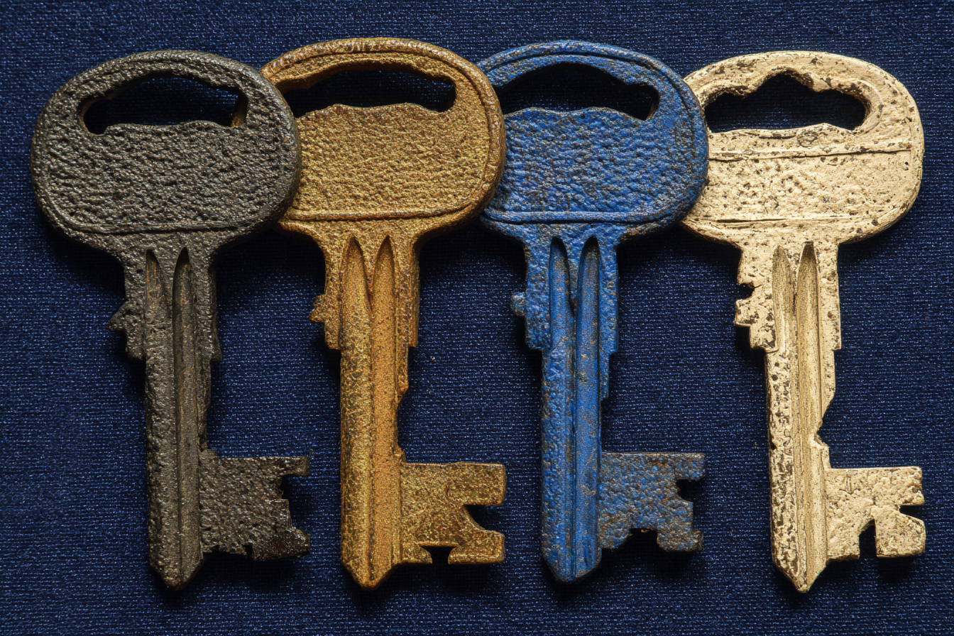 Four dark iron keys of different profile on a near-black velvet surface arranged in a spoke pattern from a shared central ring, cobalt-blue volumetric light striking diagonally from upper left and illuminating only the topmost key's teeth fully