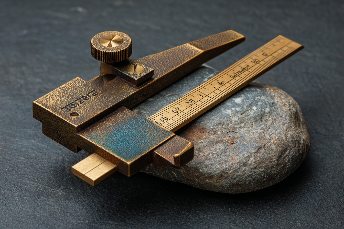 Dark brass vernier caliper measuring a single smooth stone on near-black surface, cobalt-blue volumetric side-beam catching the caliper jaw in full light