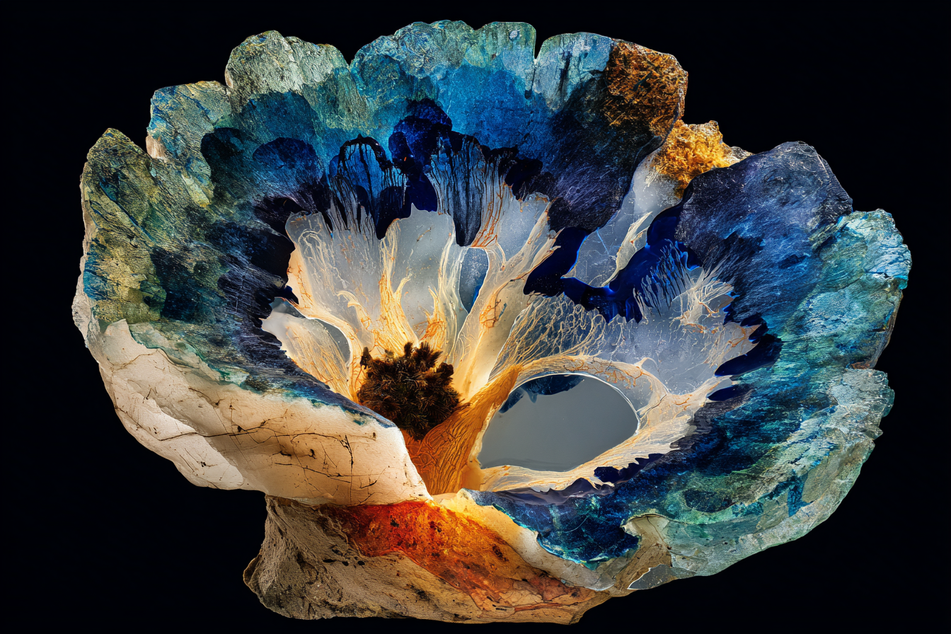 Dark translucent glass brain-shaped geode floating in near-black void, interior cavity emitting a cobalt-blue volumetric pulse from the prefrontal region