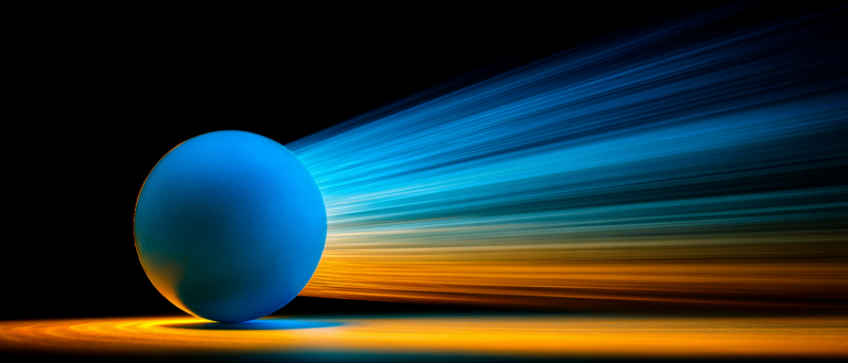 Single large translucent water sphere suspended in near-black void, a volumetric cobalt-blue beam entering its centre and refracting into seventeen faint geometric filaments radiating outward into darkness