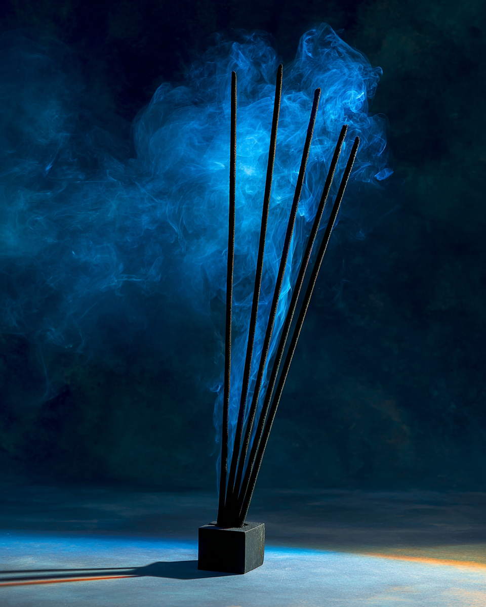 Five slender dark obsidian rods fanned outward from a single base point, each tip lit by a separate cobalt-blue spot of volumetric light at a different angle
