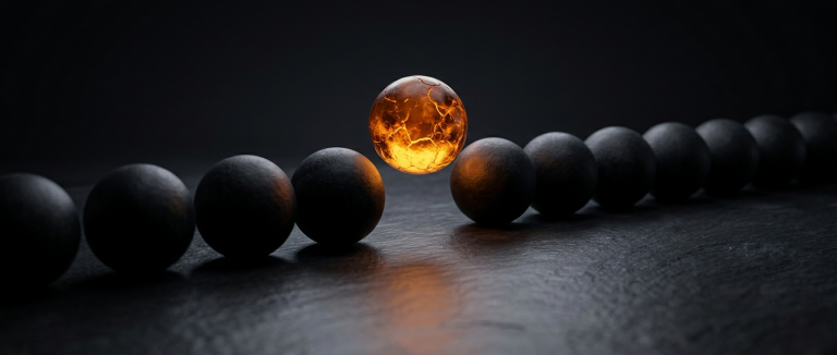 Dopamine Motivation Protocol hero art — a line of matte black stone spheres on dark slate; one sphere risen above the line, glowing molten amber like cracked ember.