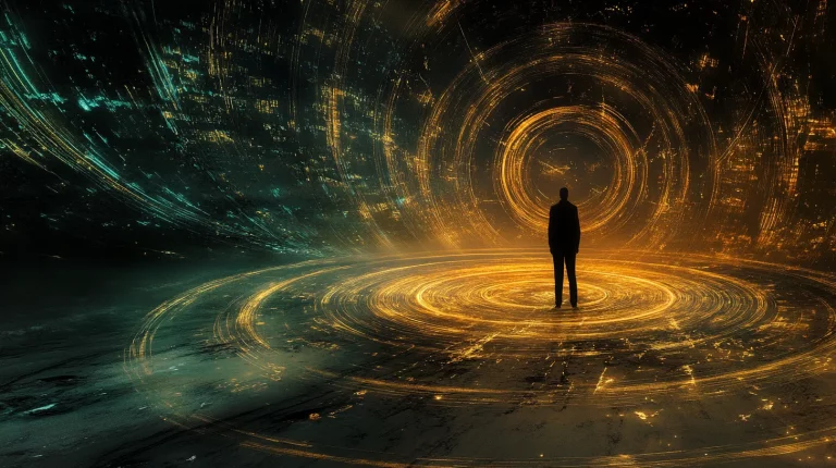 Lone figure standing at the centre of concentric rings of golden light on a dark plain, the article's hero image for the science of melatonin and sleep timing