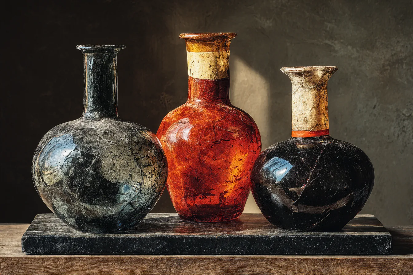 Three vessels of smoky glass: one cracked, one emptied
