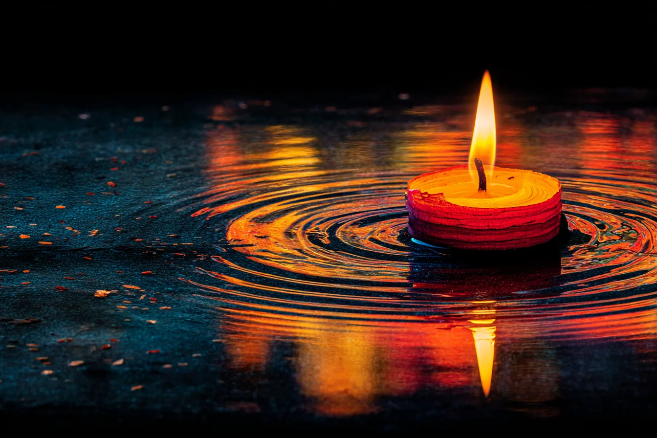Single candle flame on dark basalt surface, surrounded by still water rings expanding outward