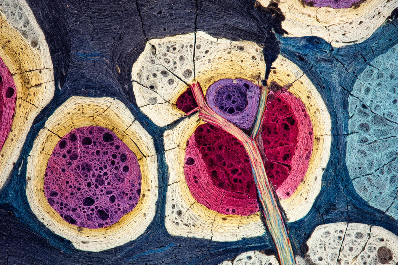 Cross-section of weathered bone or dense mineral core under oblique laboratory light, ivory-white inner rings stained with dark oxidation at edges