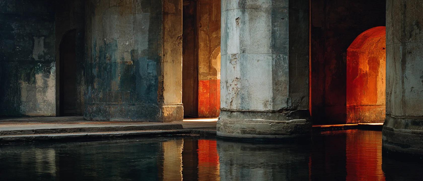 Crumbling plaster column, half-submerged in still dark water