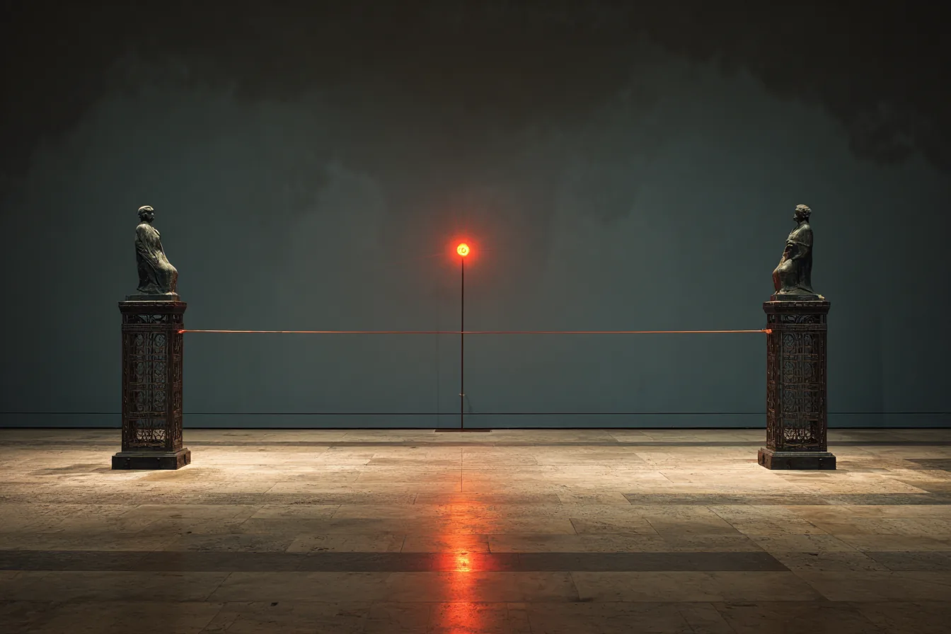 Taut wire strung between two dark iron posts, a single point of tension glowing coral-red at its midpoint
