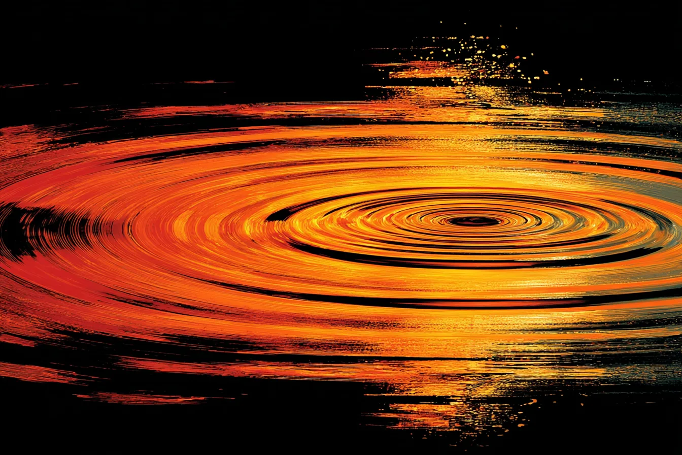 Rippled dark water surface, a single circular zone of stillness at centre where light converges into ivory calm