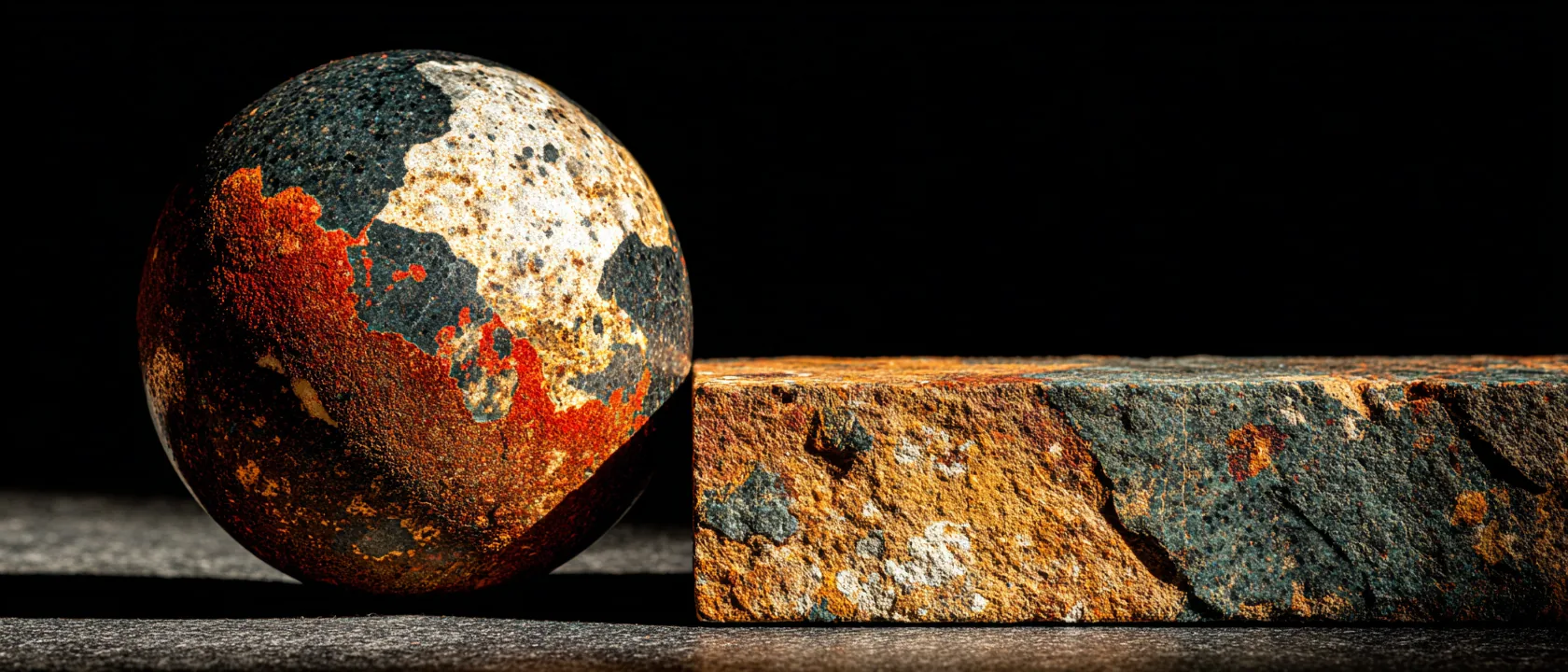 Single obsidian sphere balanced on the edge of a dark marble ledge, left third pure navy void