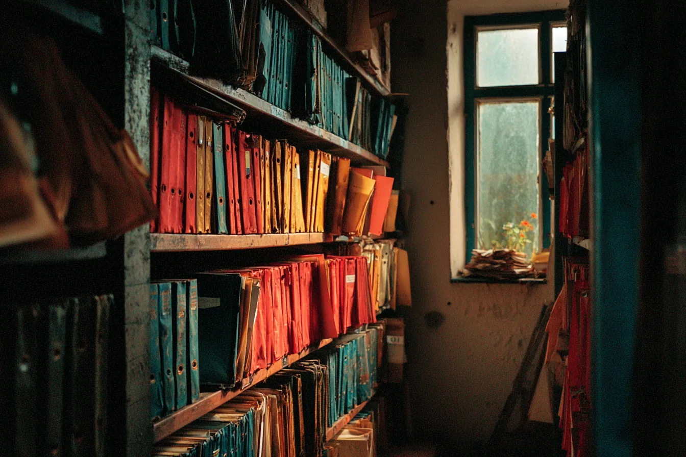 Dark archive room, shelves of aged leather-bound folders