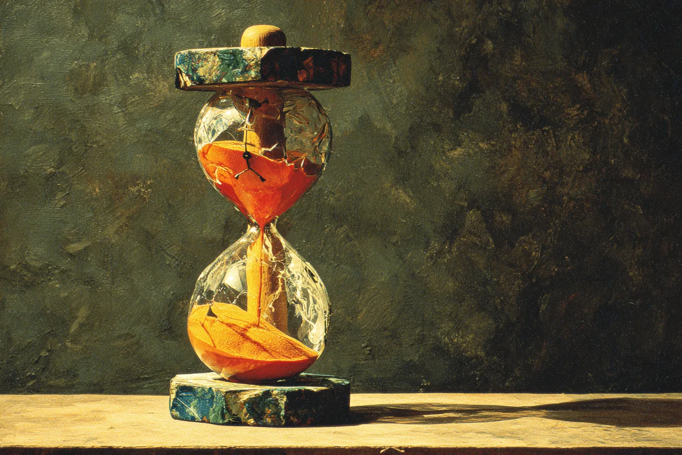Sand timer on dark stone table, glass cracked