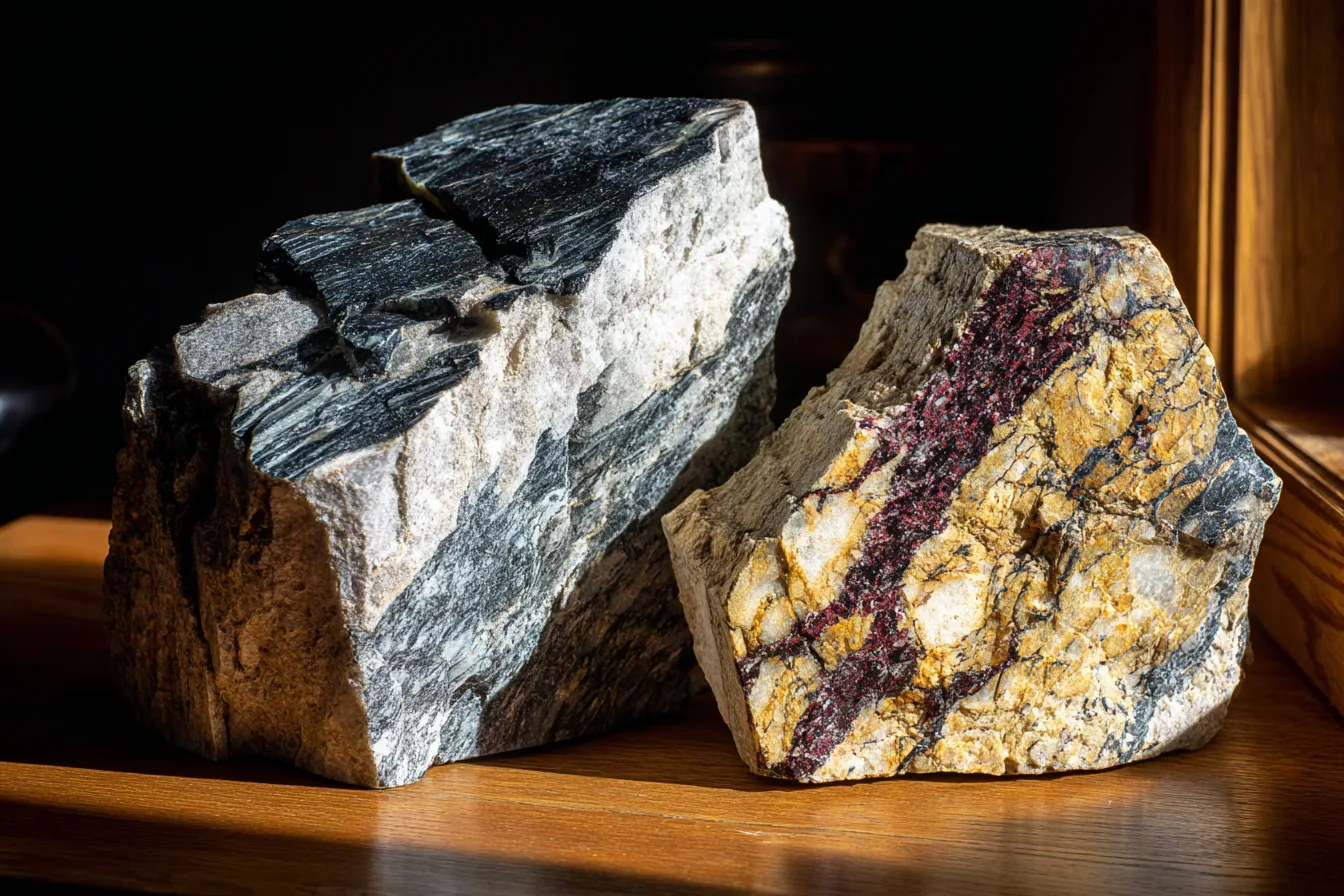 Two stone slabs, one smooth and fast-cooled obsidian