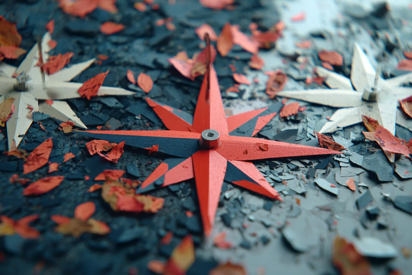 Overhead view of scattered compass needles on dark slate, all pointing in slightly different directions except three aligned needles at centre converging on a single coral-red magnetic point