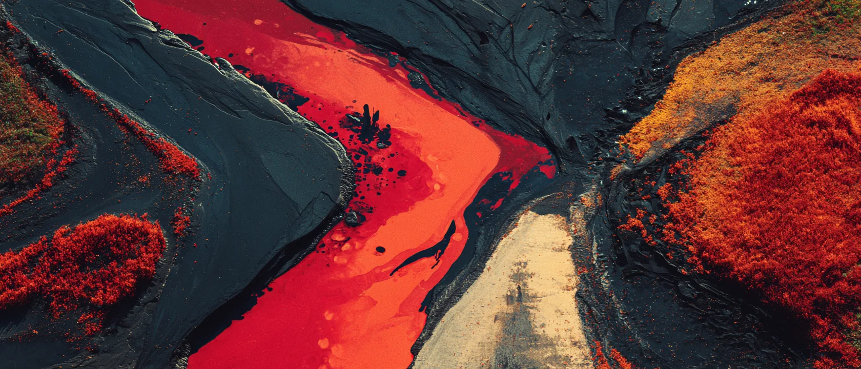Forked river of mercury splitting across dark basalt, left third pure navy void for title