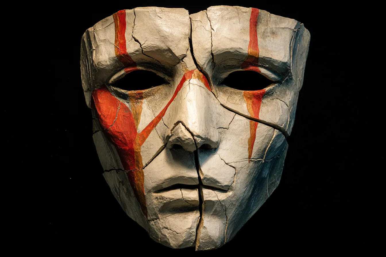 Plaster life-mask, cracked across the face plane into five irregular sections