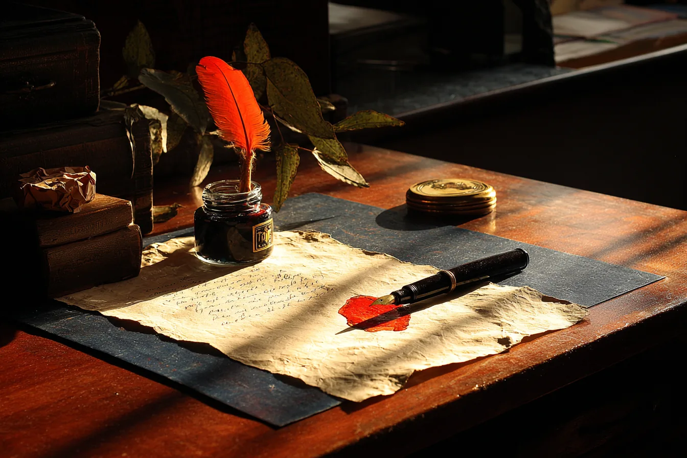 Dark writing desk, a single sheet of heavy ivory paper
