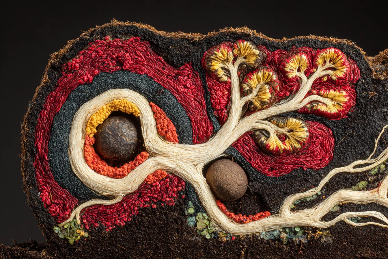 Close-up of tree root system exposed in cross-section, dark earth surrounding