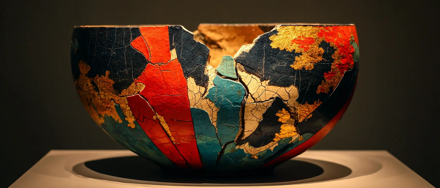 Ancient ceramic vessel, shattered and pieced back together with coral-red lacquer seams