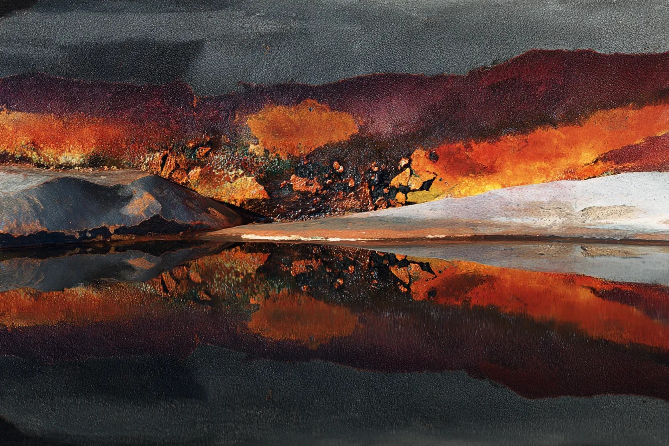 Two pools of mercury on dark stone surface, one mirror-still and ivory-reflective