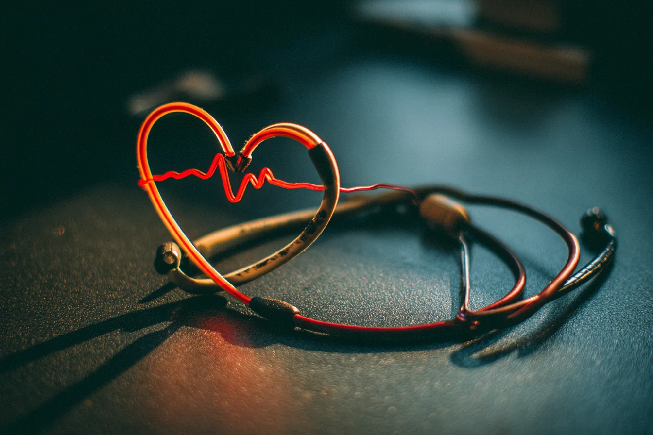 Heart rate monitor cable coiled on dark metal desk, ivory insulation worn at a bend point