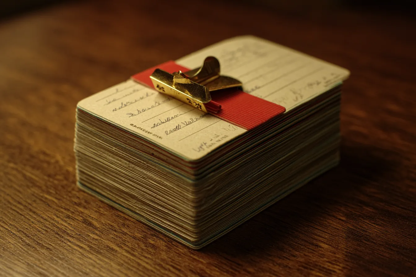 Stack of index cards on dark walnut surface, one card pulled forward and lit in ivory sidelight