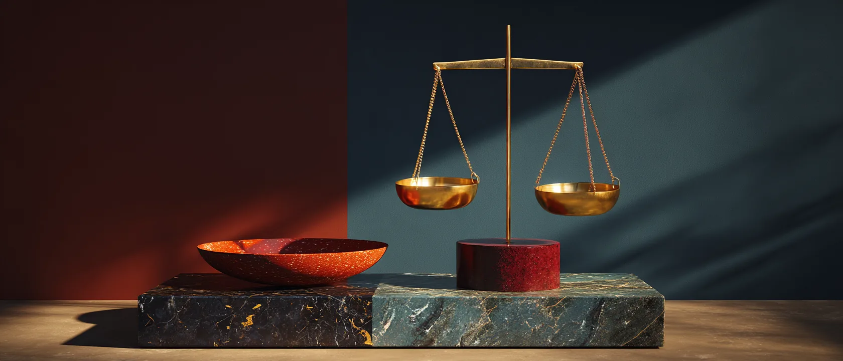 Polished brass scale, one pan empty and elevated