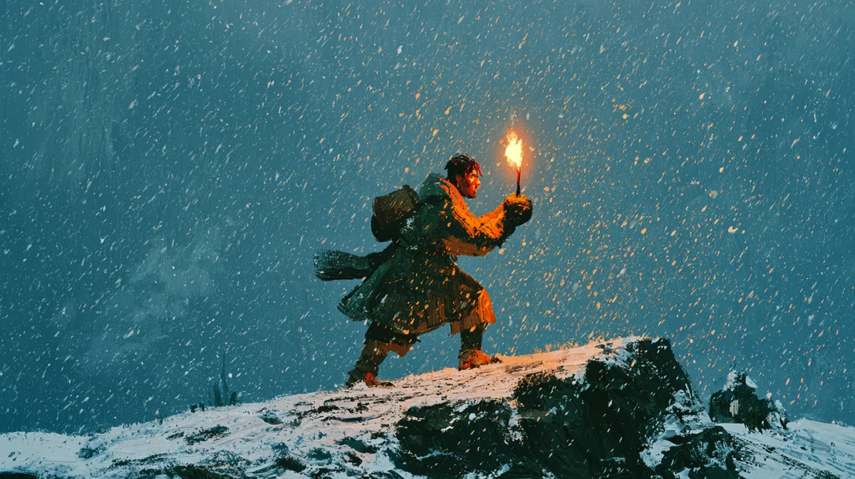 Storybook illustration of a figure leaning into a snowstorm on a ridge, carrying a small steady flame