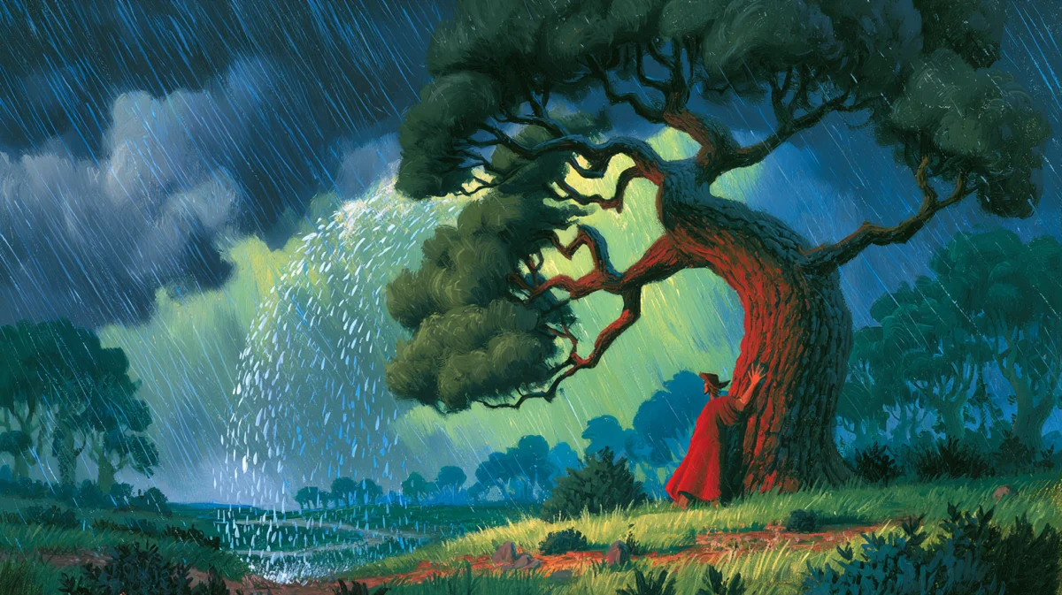 Storybook illustration of a figure holding onto a wind-bent tree as a storm breaks and light returns