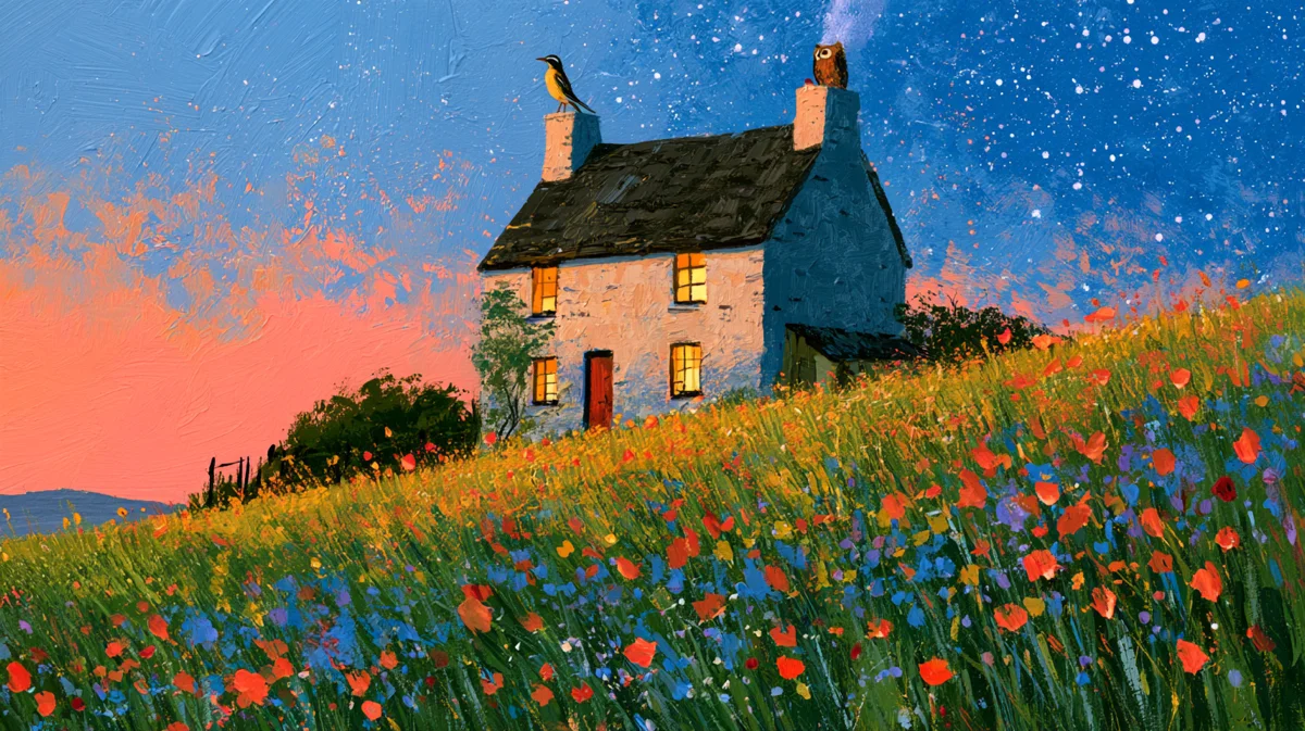 Storybook illustration of a cottage under a sky turning from sunrise to starry night, a lark on one chimney and an owl on the other
