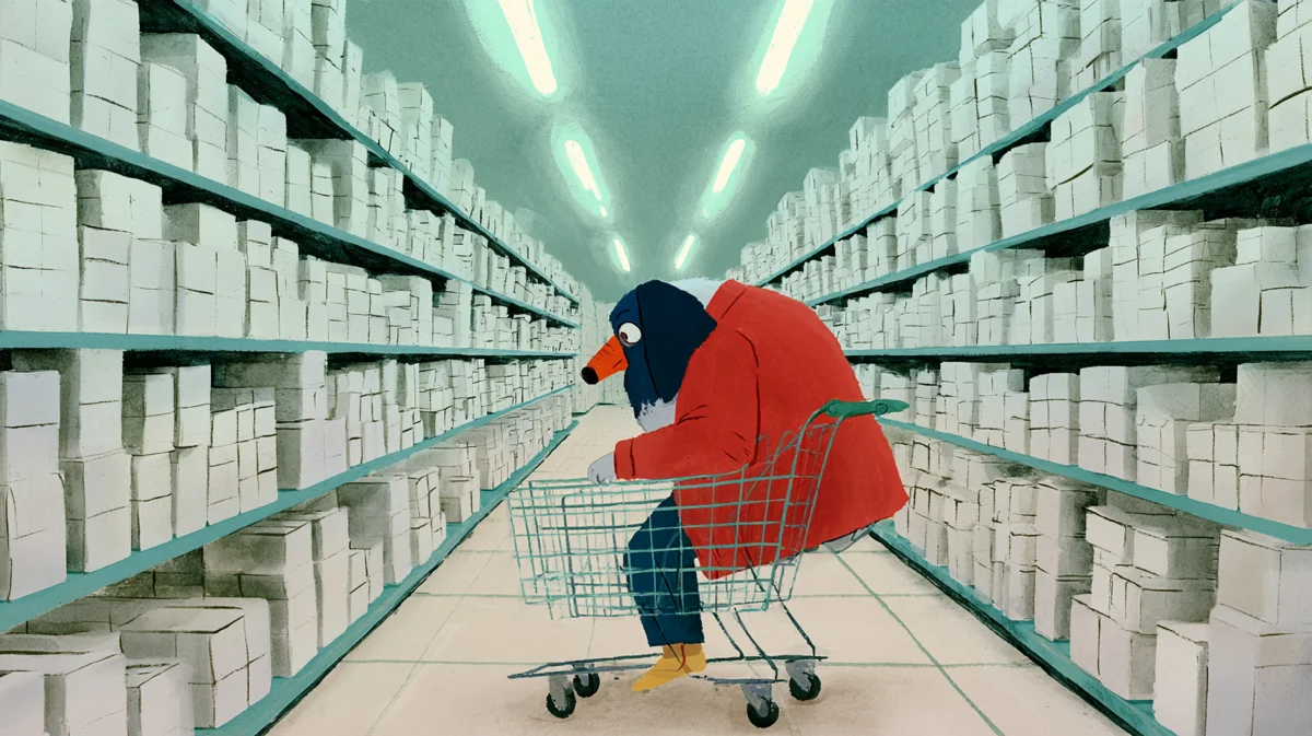 Storybook illustration of a weary shopper slumped over a trolley in an endless aisle of identical plain boxes