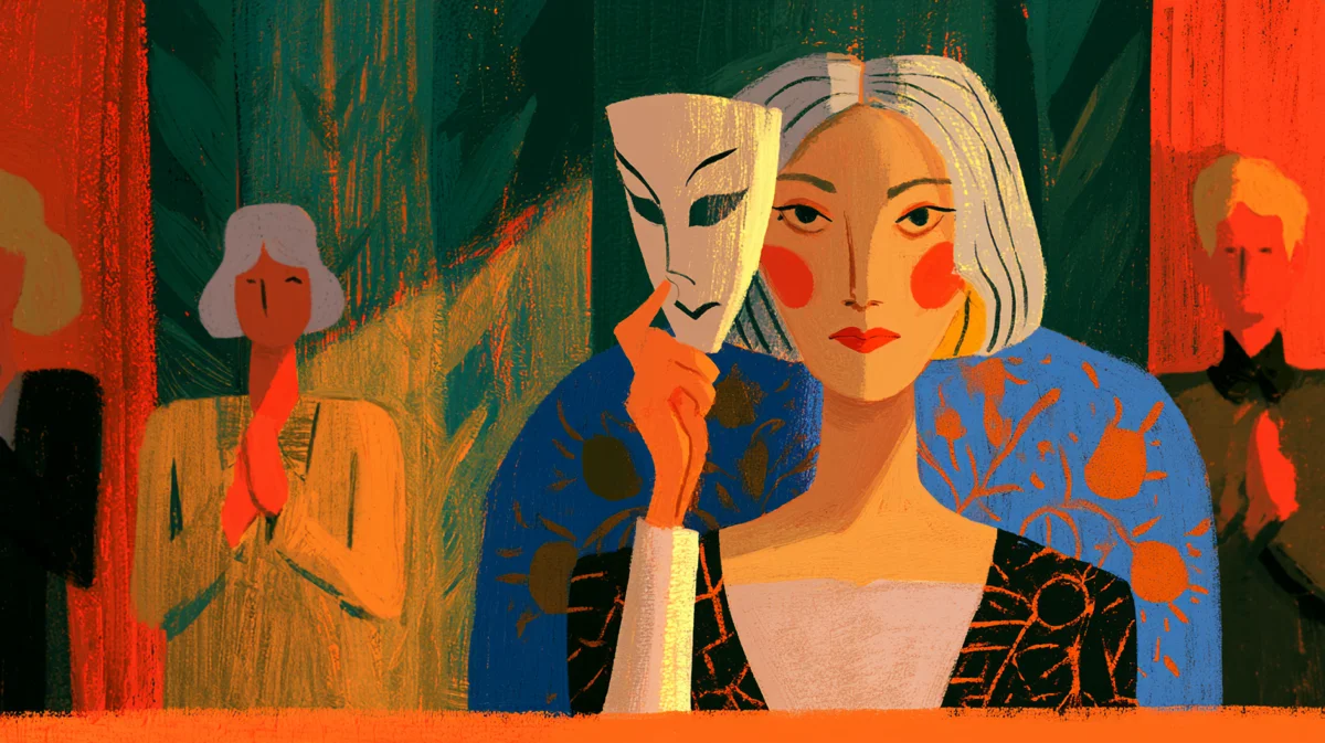 Storybook illustration of a woman holding a serene mask beside her face while colleagues applaud in a boardroom