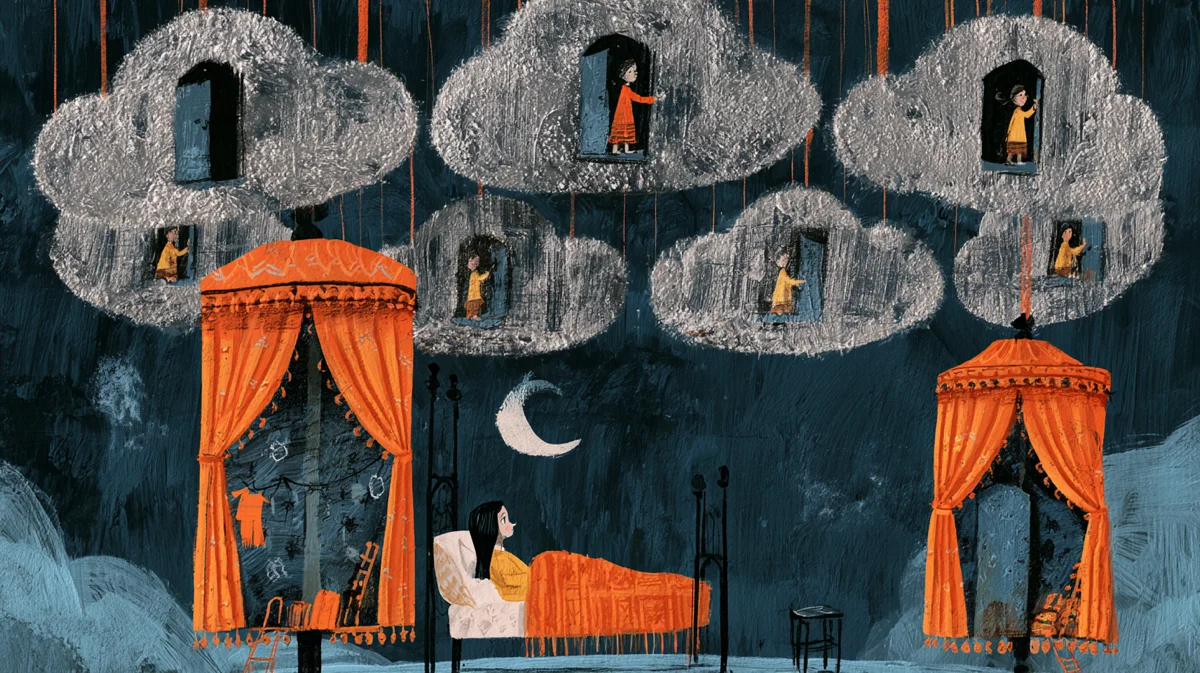 Storybook illustration of a person lying awake as the same small scene repeats in thought clouds above the bed