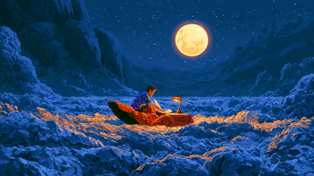 Storybook illustration of a lamplit desk adrift on a moonlit sea of crumpled paper